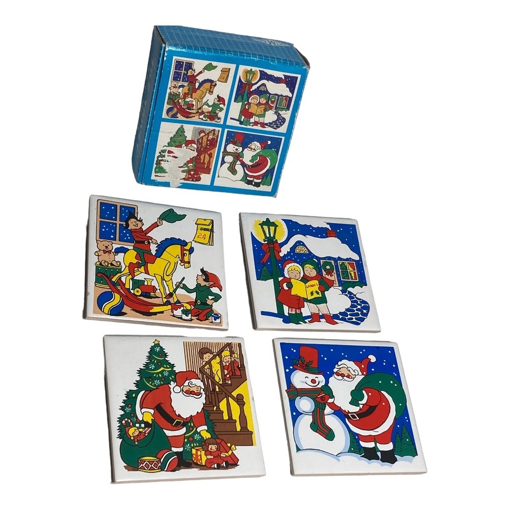Vintage Christmas Santa Tile Trivets Set Of (4)